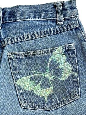 Youth Kids Gasoline Denim Shorts Butterfly Y2K Blue Size 12 Low Rise Jean Retro